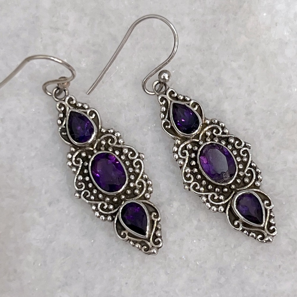 Amethyst Sterling Silver Trilogy Dangle Earrings - Picture 3 of 9